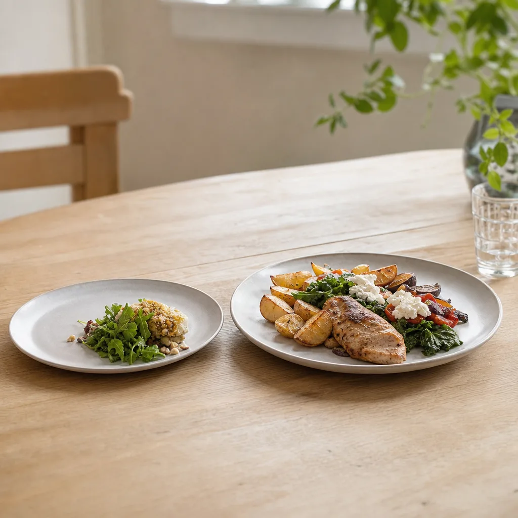 Lagom mättande middag med protein och grönsaker upplagd för en ätdag i 5:2-upplägget