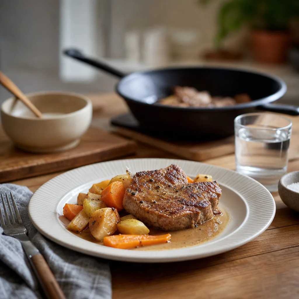 Magert rött kött tillagas i en stekpanna med färska örter bredvid
