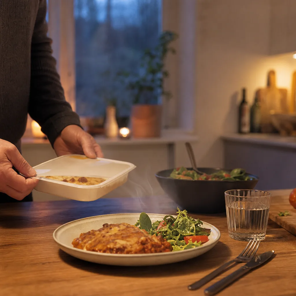 Färdiglagad matkasse med kylda kocklagade rätter som värms hemma