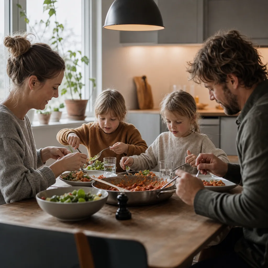 Förälder och barn lagar mat tillsammans i ett ljust kök ur en matkasse för barnfamilj