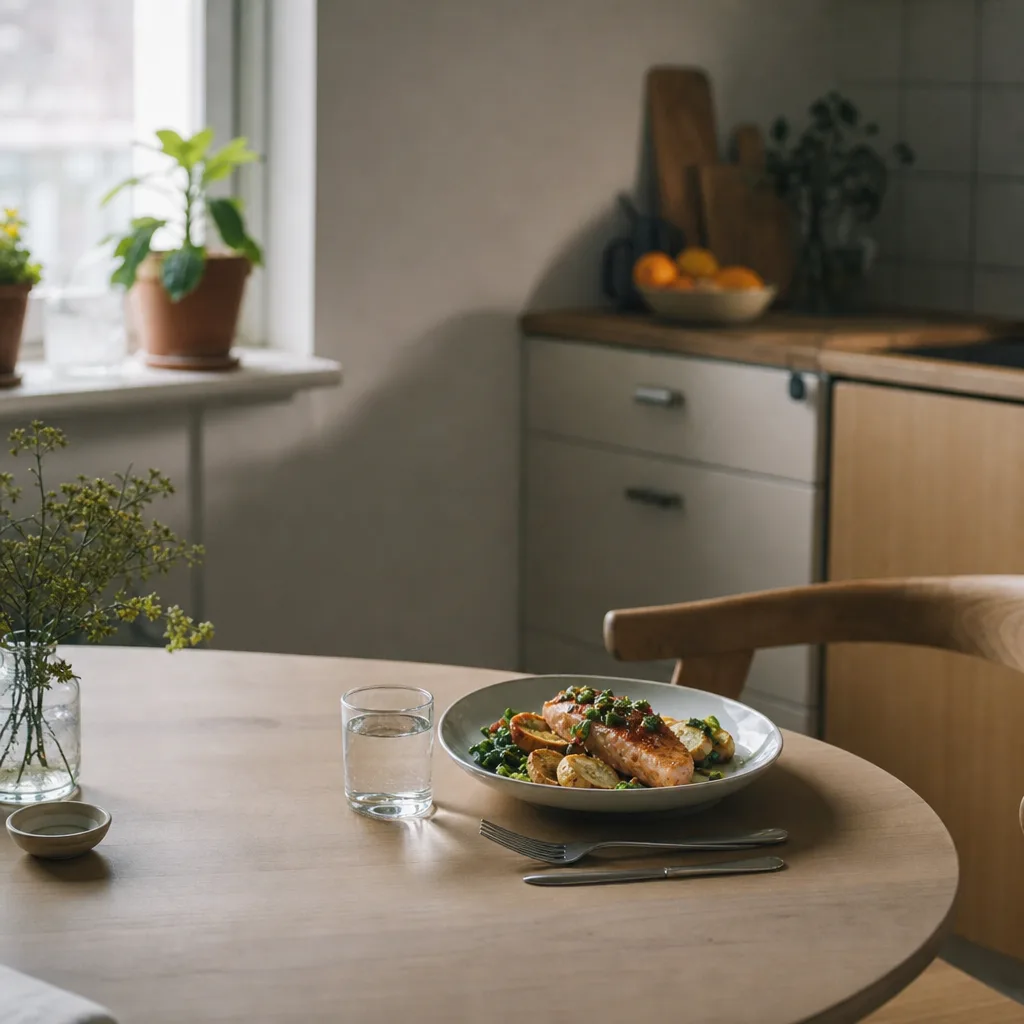 Enportionsmiddag från matkasse dukad i ett litet kök för en person som bor själv
