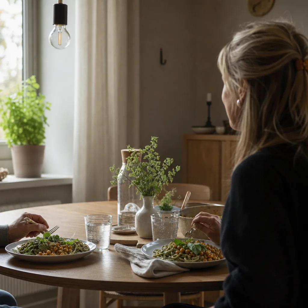 Matkasse för två personer med portionsavvägda råvaror dukade på ett köksbord