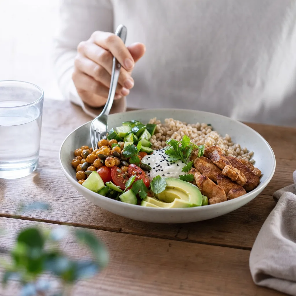 Balanserad tallrik med rikligt med grönsaker, fullkorn och magert protein från en nyttig matkasse