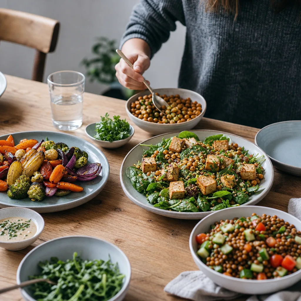 Veganska matkassar med växtbaserade råvaror, grönsaker och baljväxter