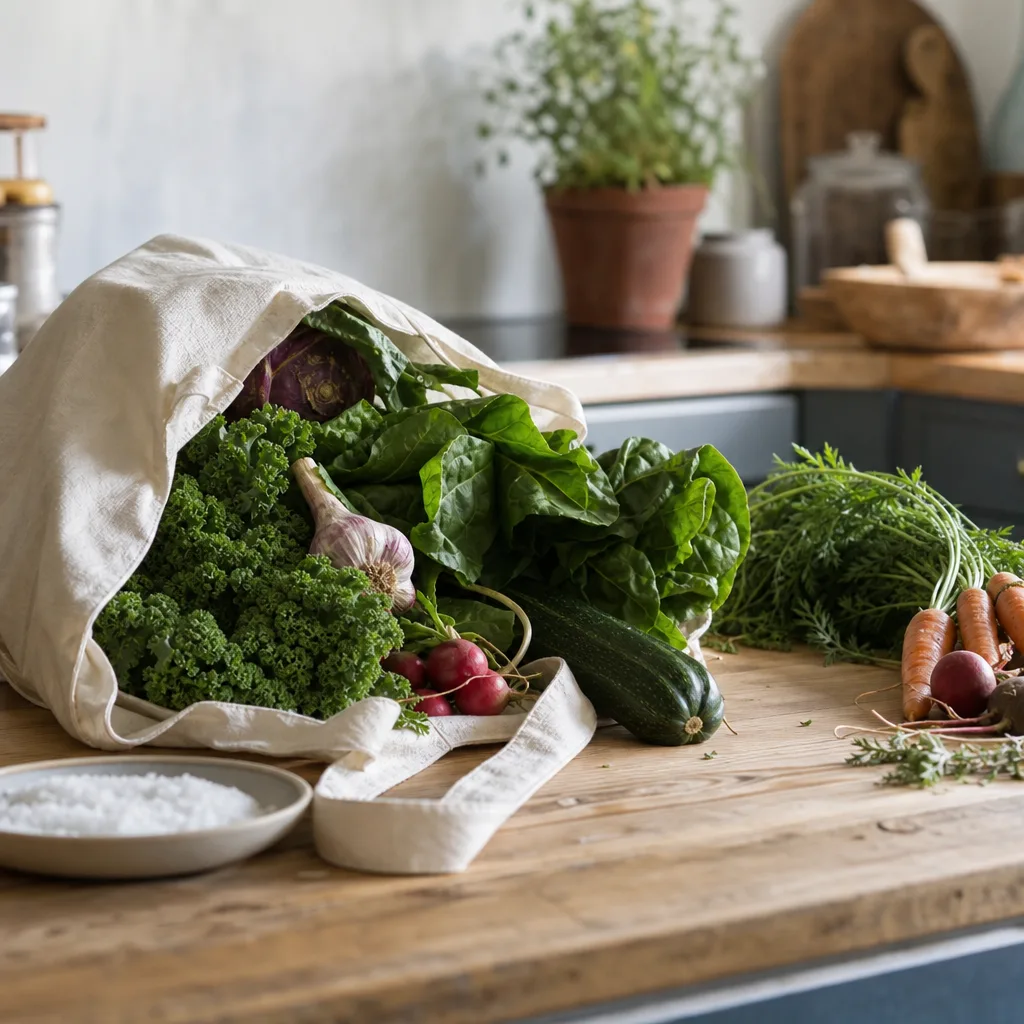 Råvaror till en hemlagad middag från Coops matkasse Veckomenyn upplagda på en köksbänk