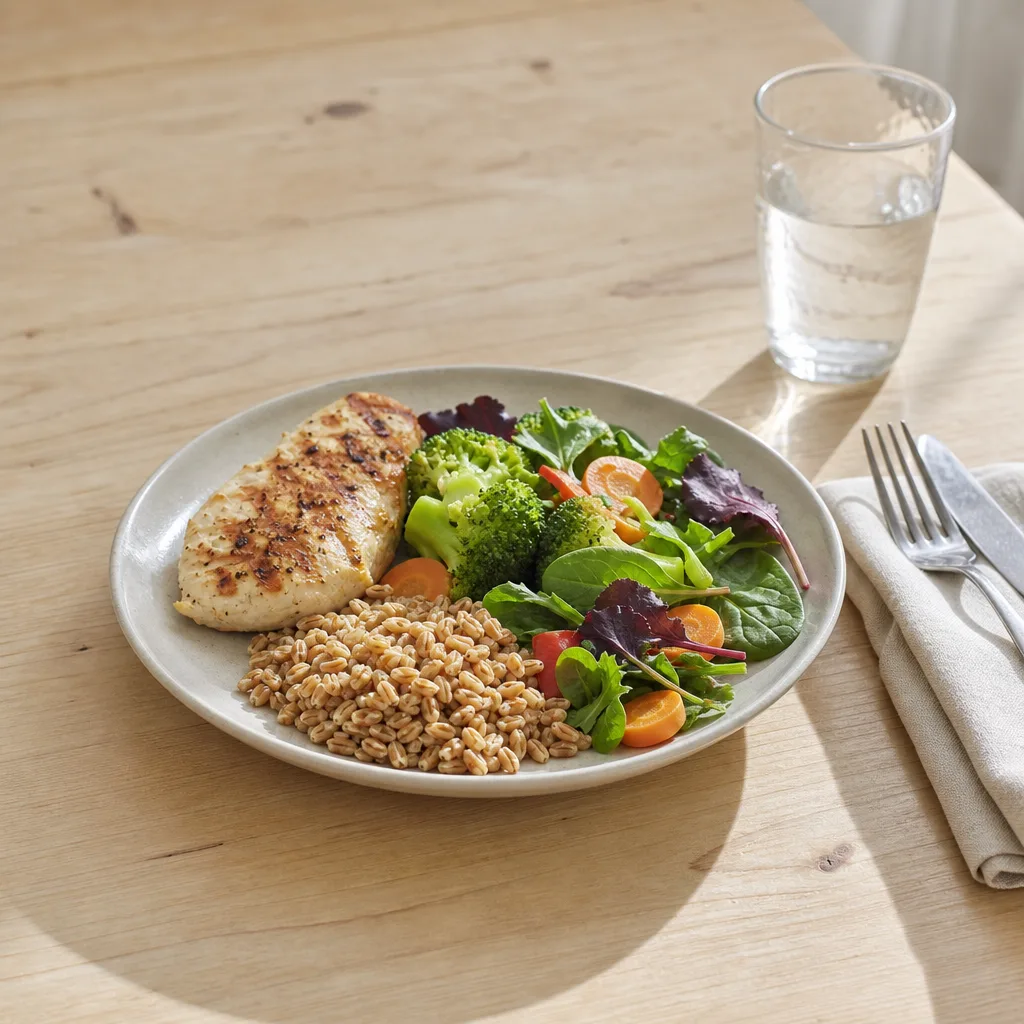 Balanserad tallrik med grönsaker, fullkorn och protein – blodsockervänlig vardagsmat