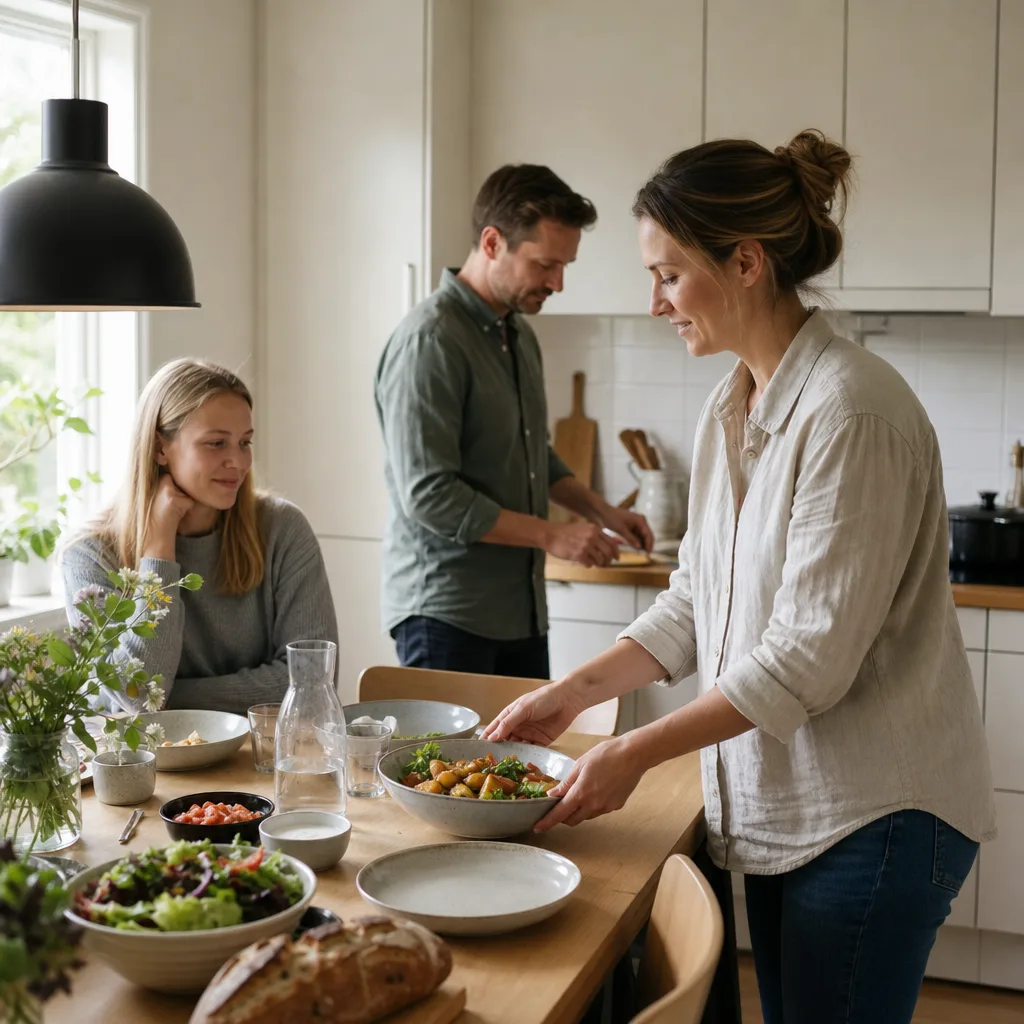 Stor familj lagar och dukar middag tillsammans i köket