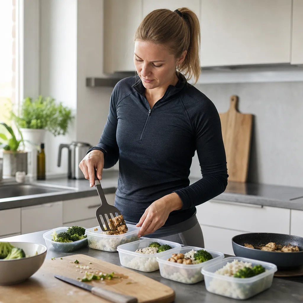 Proteinrika middagar planerade runt träningen med portionslådor och gymväska på en köksbänk