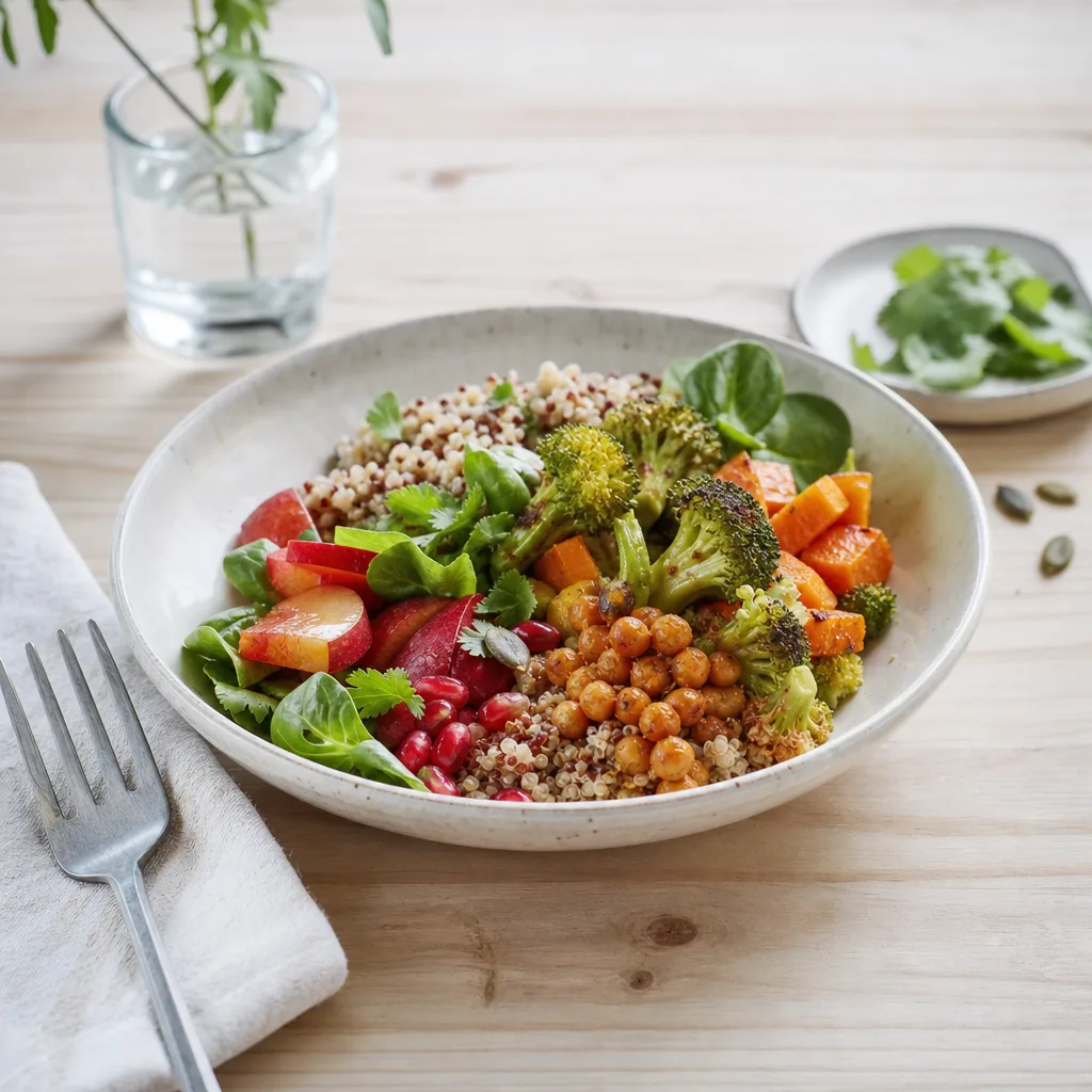Växtbaserad glutenfri middag med baljväxter, quinoa och grönsaker