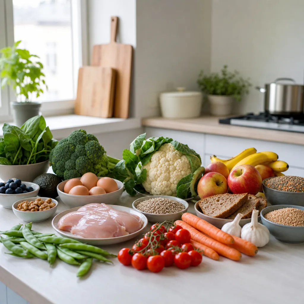 Hälsosam matkasse serverad som skål med grönsaker, fullkorn och protein
