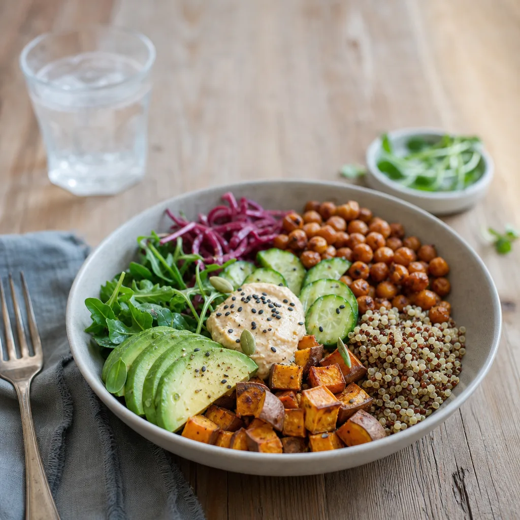 Nyttig skål med grönsaker, fullkorn och protein på ett träbord