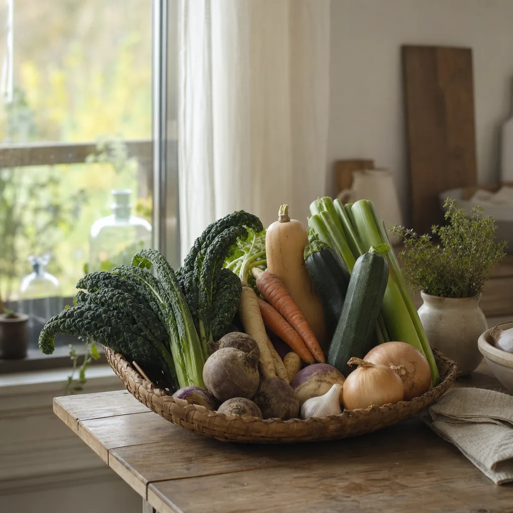 Rotfrukter, kål och squash i en träkorg på ett bord