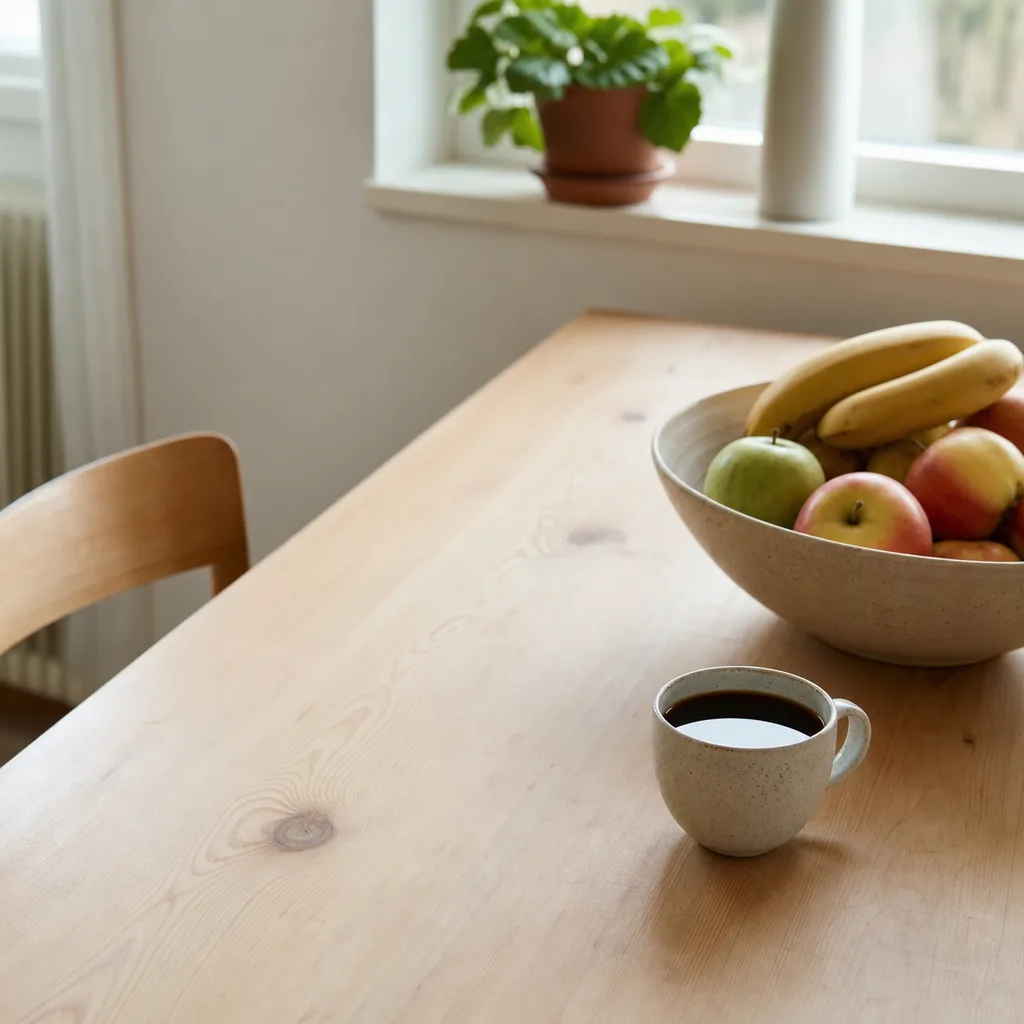 Kaffekopp och en skål färsk frukt på ett ljust bord vid ett fönster