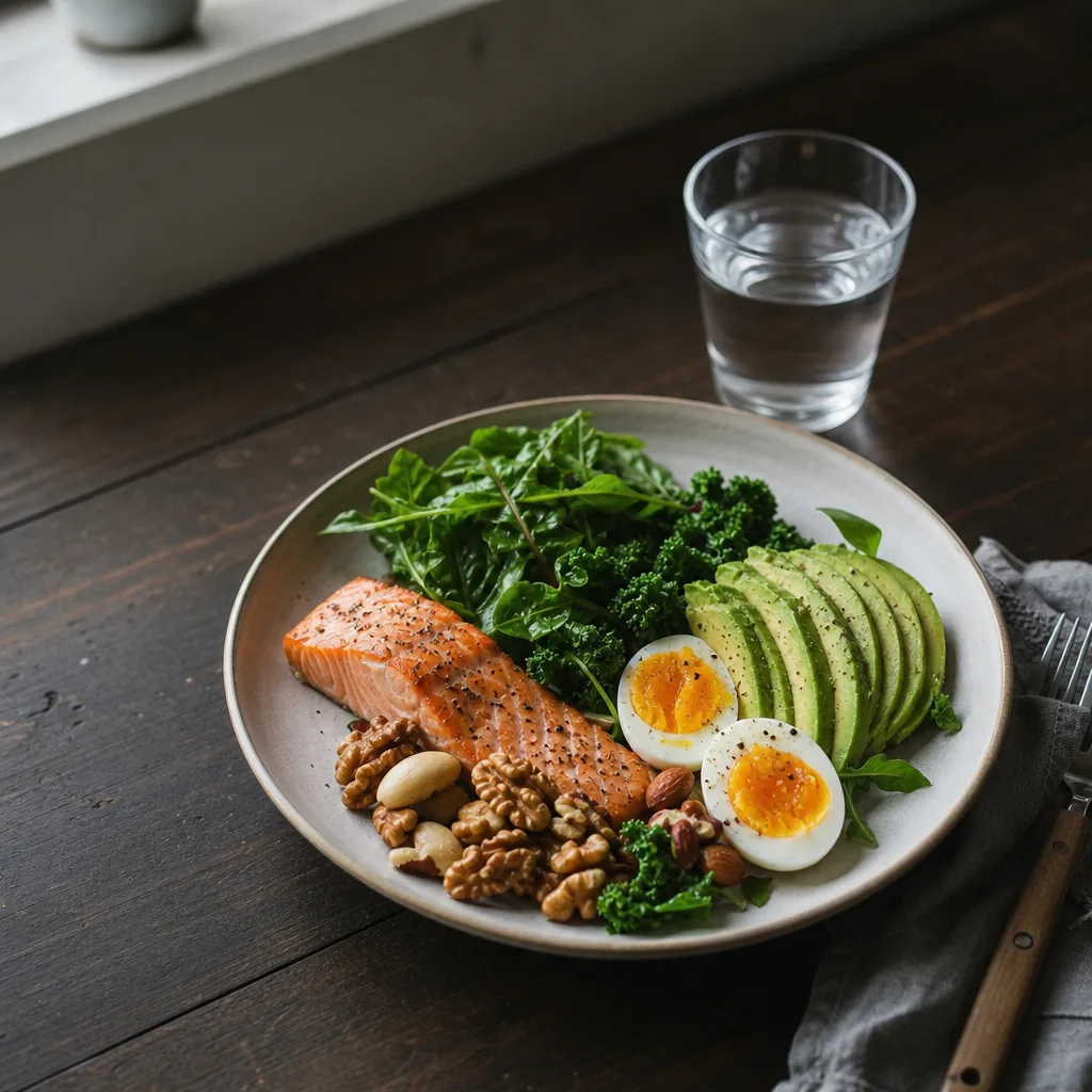 Keto matkasse med kött, ägg, avokado och gröna grönsaker ovan jord