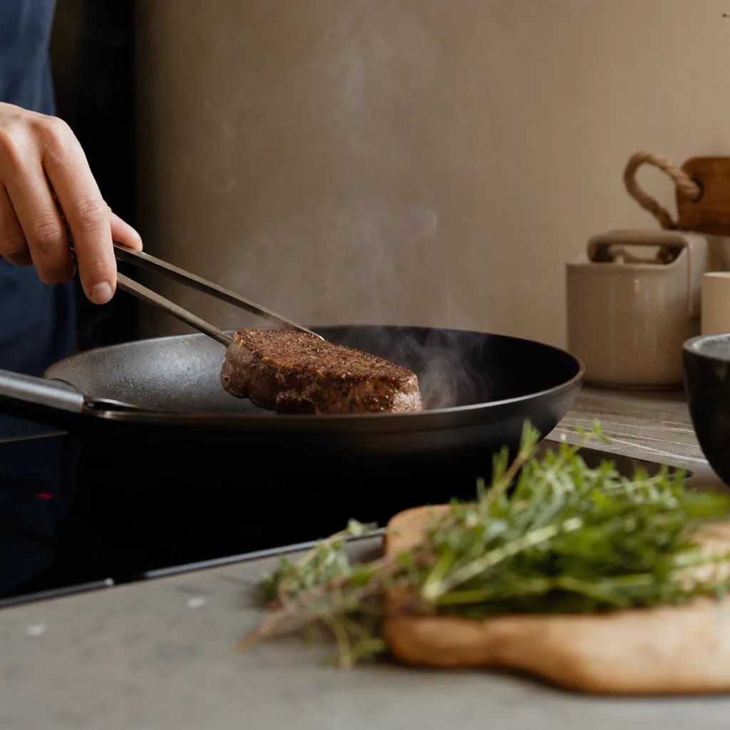 En bit kött tillagas i en stekpanna med örter bredvid