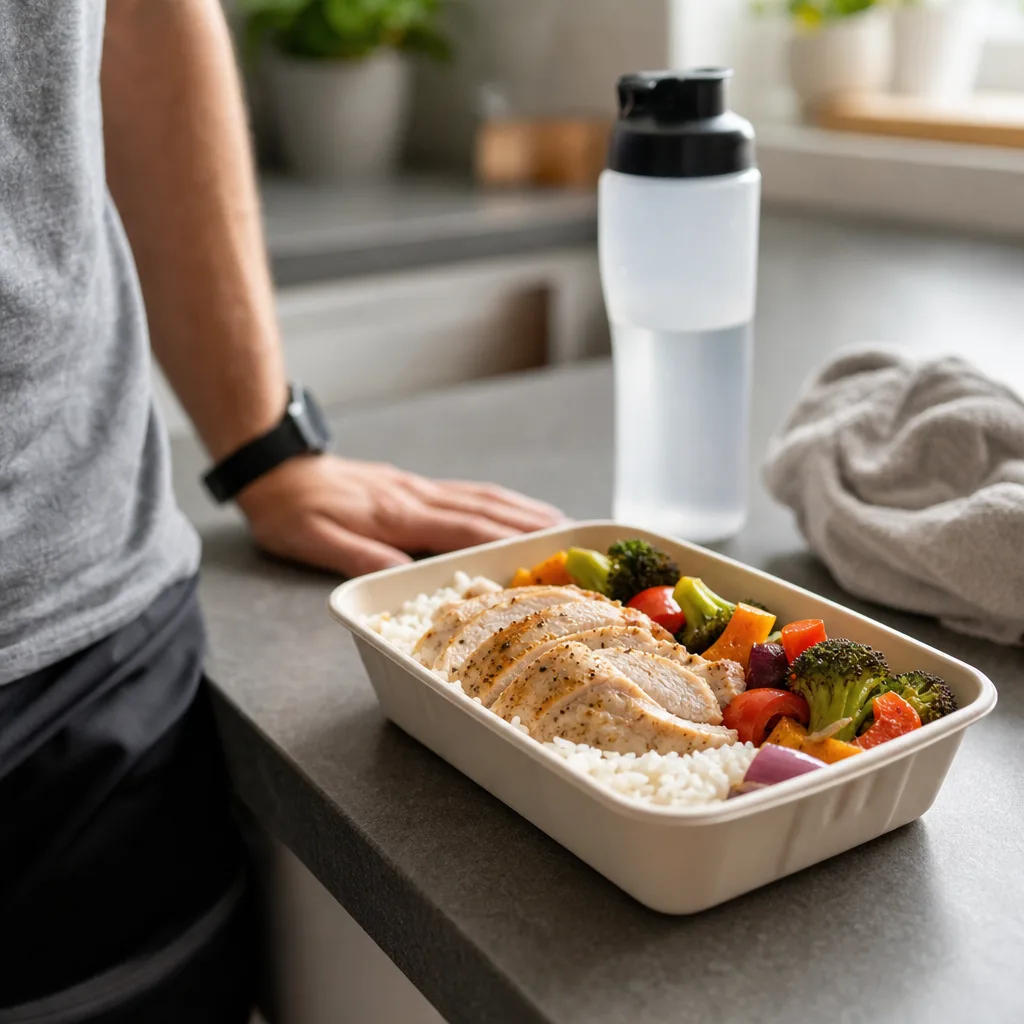 Färdiglagad proteinrik matlåda från KraftKöket upplagd på en tallrik