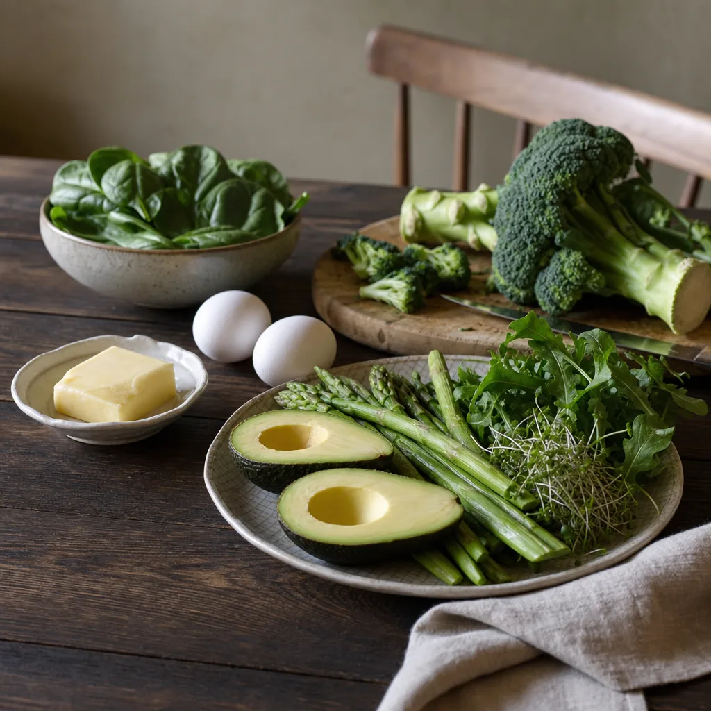 Tallrik med LCHF-mat: stekt kött, ost, avokado och gröna ovanjordsgrönsaker, lågt på kolhydrater