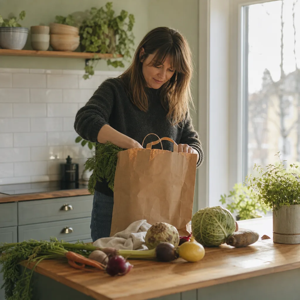 Råvaror och recept från Linas Matkasse upplagda på en köksbänk