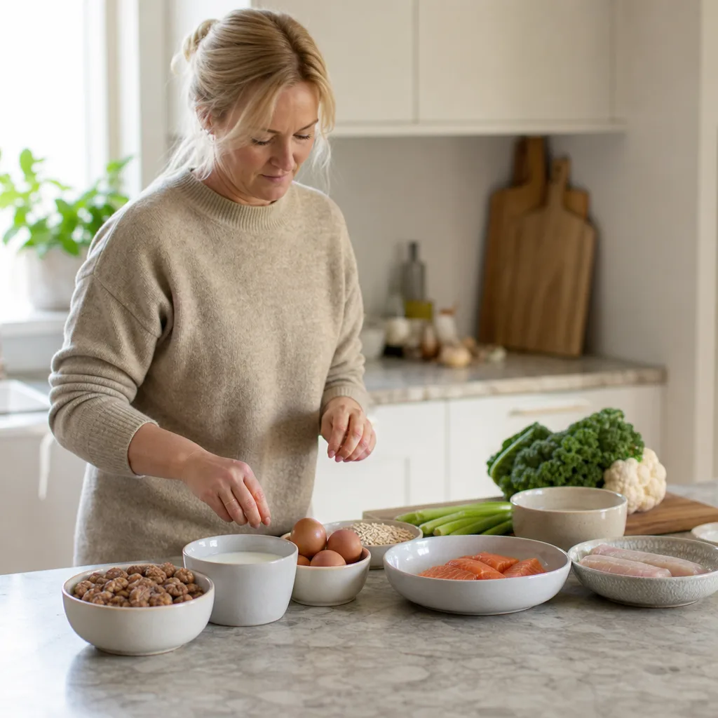 Råvaror och receptkort från en matkasse med allergenmärkning på förpackningarna