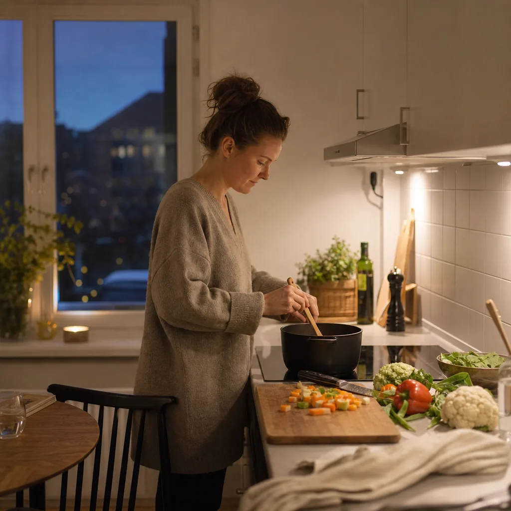 En person packar upp en matkasse i köket i ett ensamhushåll
