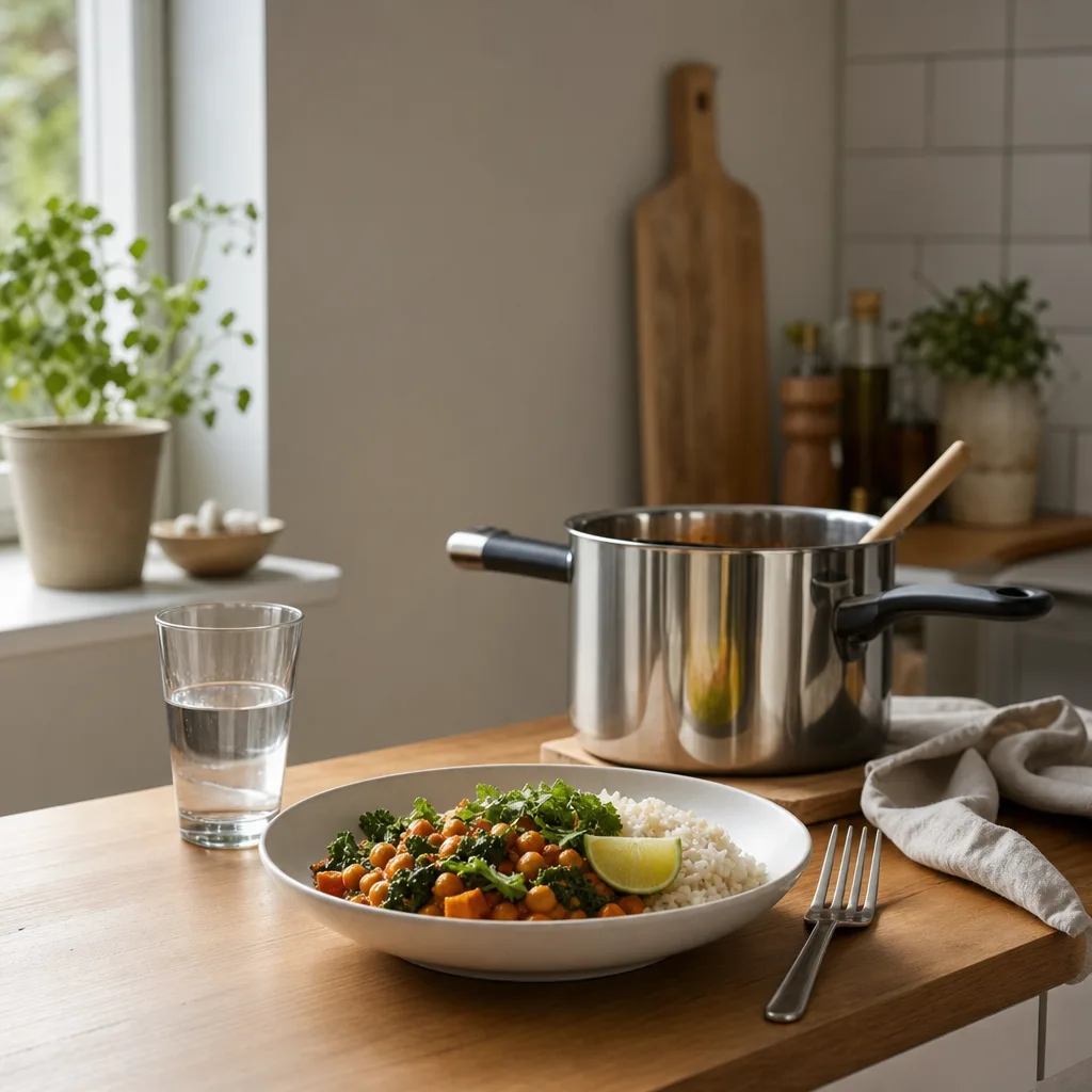 En person packar upp en matkasse och portionerar maten i ett litet kök