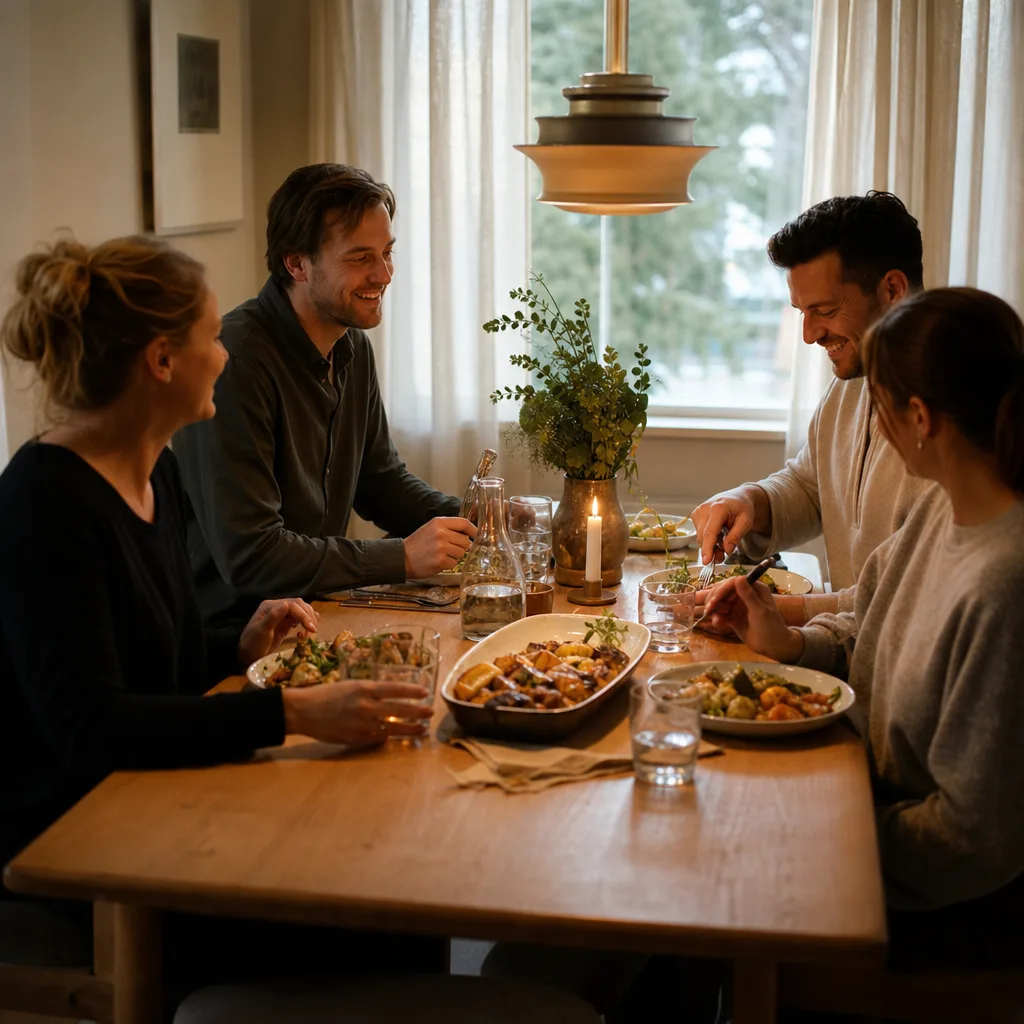 Familj på fyra lagar middag från en matkasse i ett ljust skandinaviskt kök