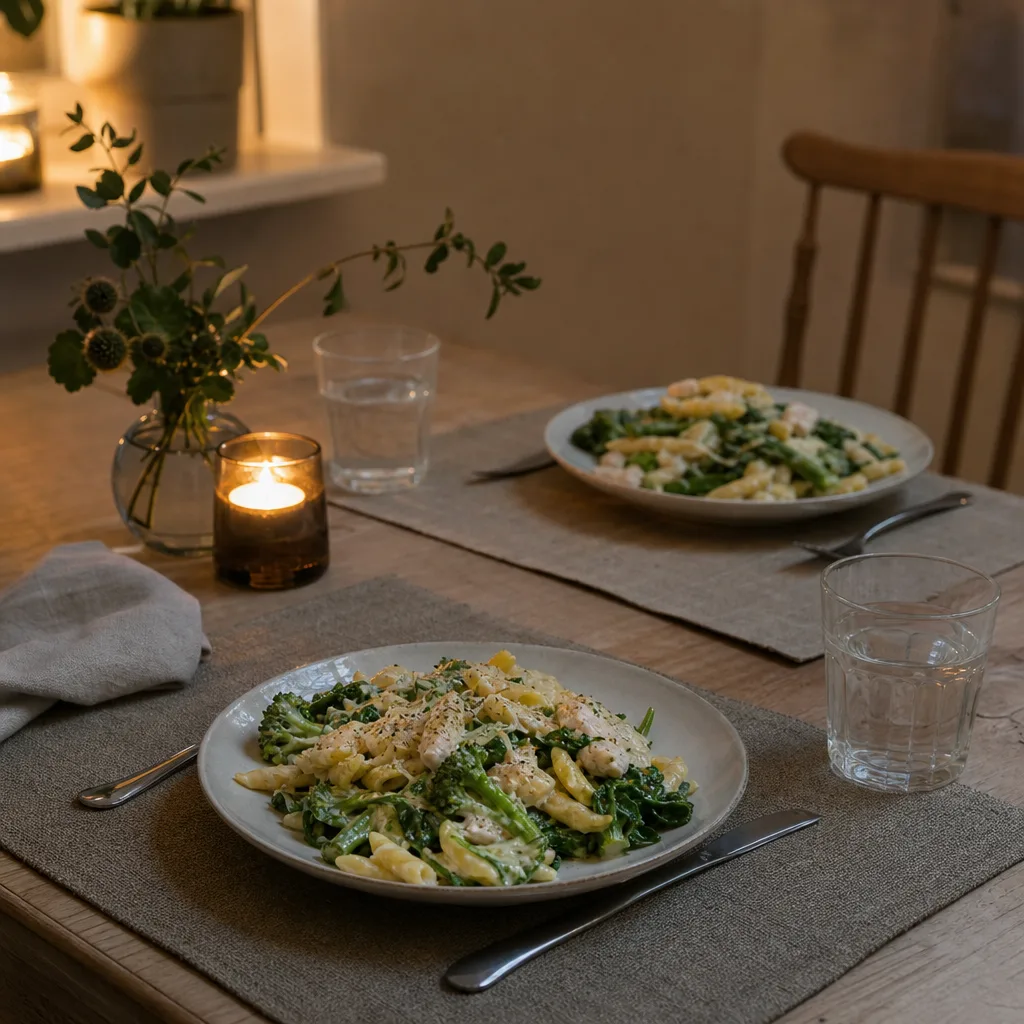 Matkasse för två personer med portionerade råvaror och en dukad vardagsmiddag