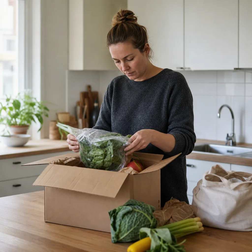 Nybörjare packar upp sin första matkasse med färska råvaror vid köksbänken