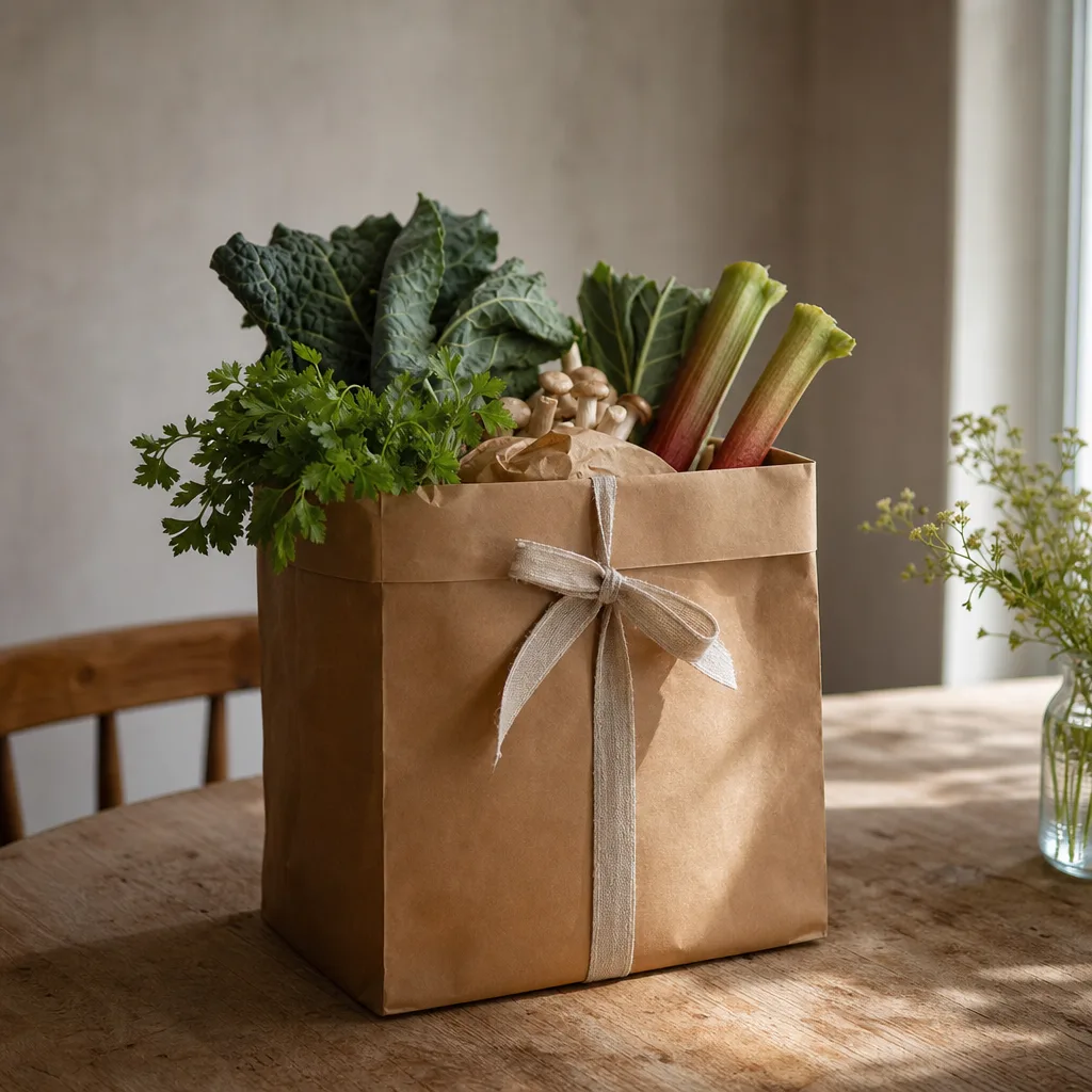 Inslaget presentkort till en matkasse tillsammans med färska råvaror på ett köksbord
