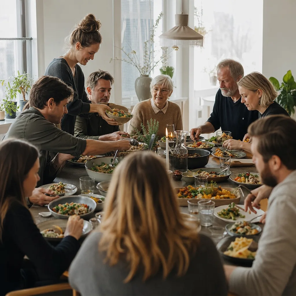 Stor familj lagar och dukar middag tillsammans i köket