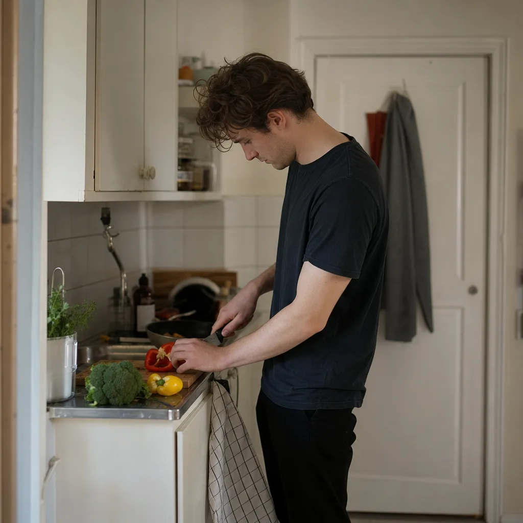 Student lagar en enkel middag från en matkasse i ett litet studentkök