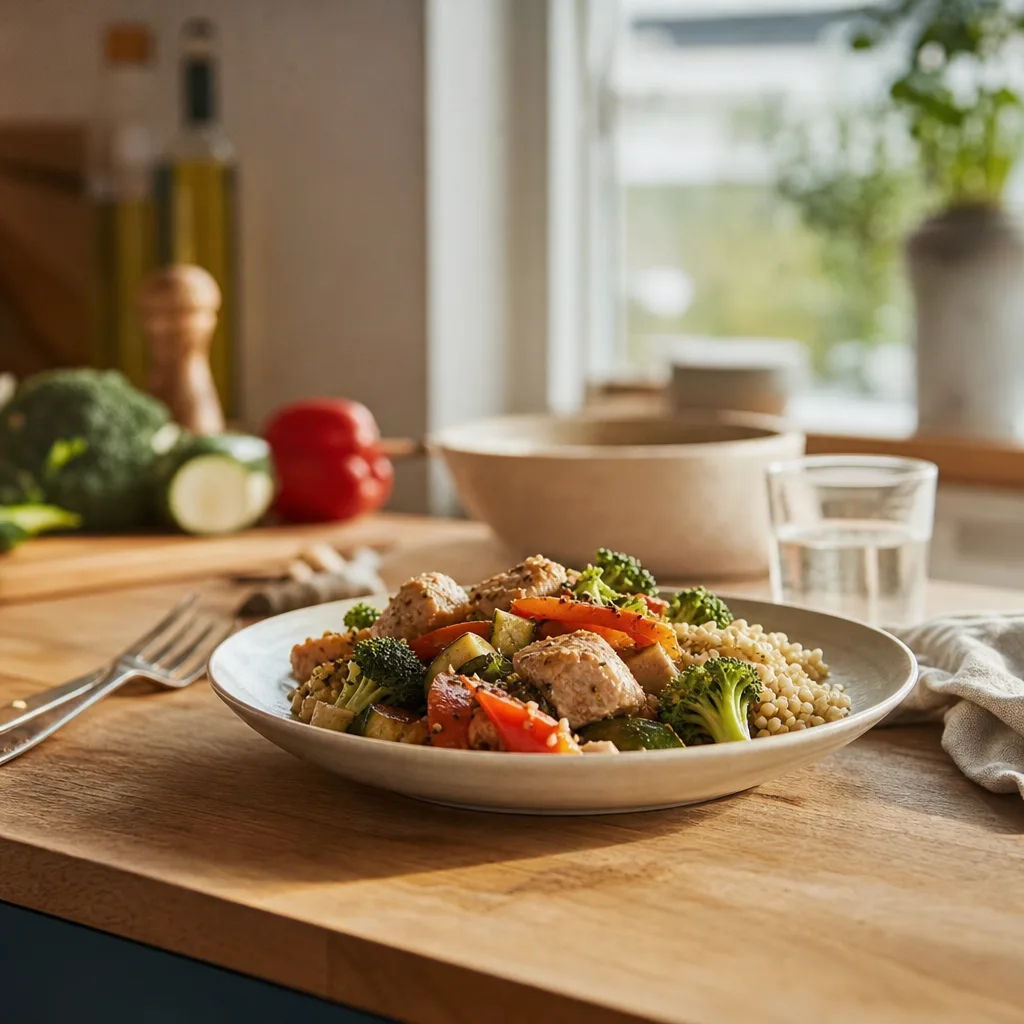 Fläskfri matlagning med kyckling, fisk och grönsaker i en matkasse utan fläsk