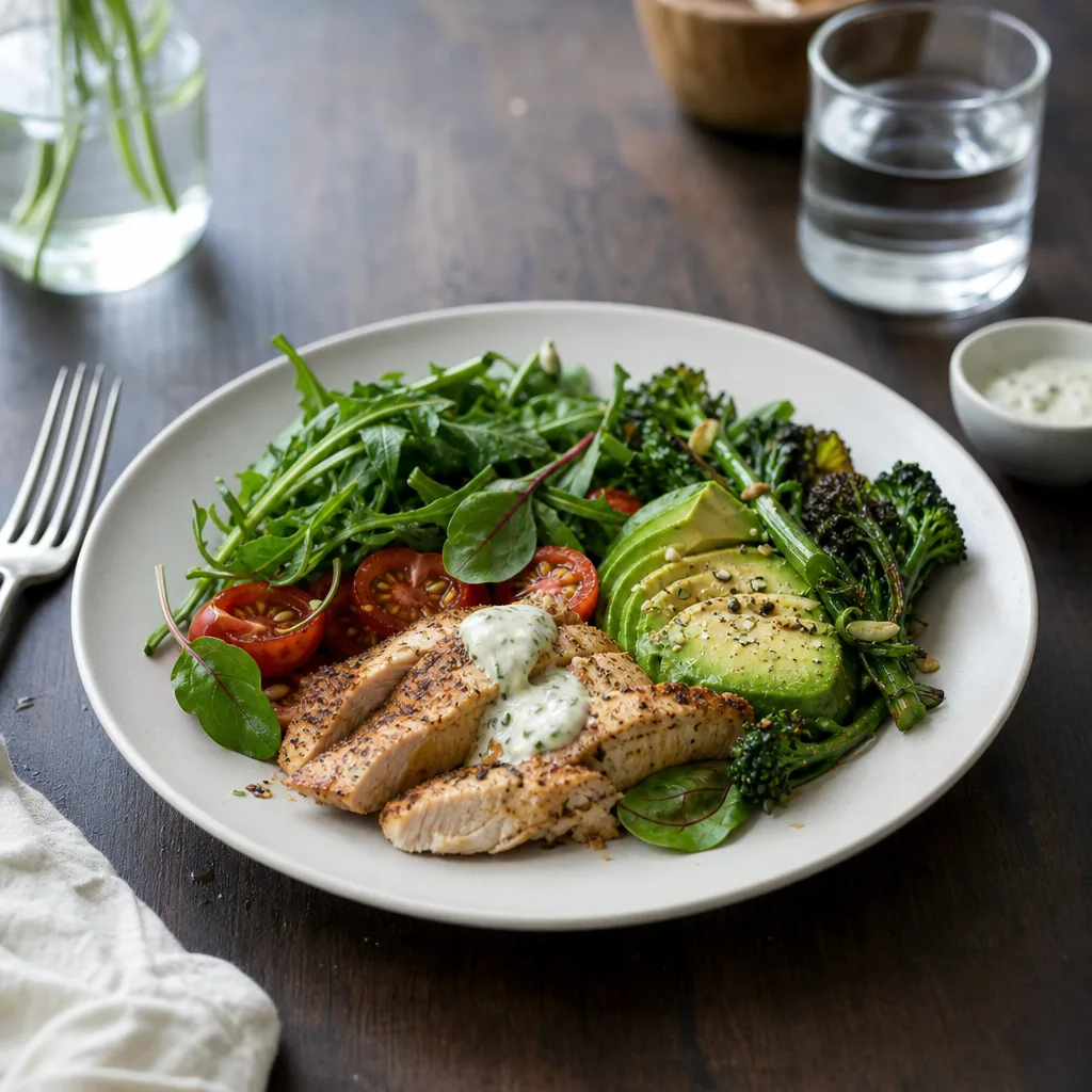 Tallrik med kött, fisk och grönsaker ovan jord – en måltid med få kolhydrater