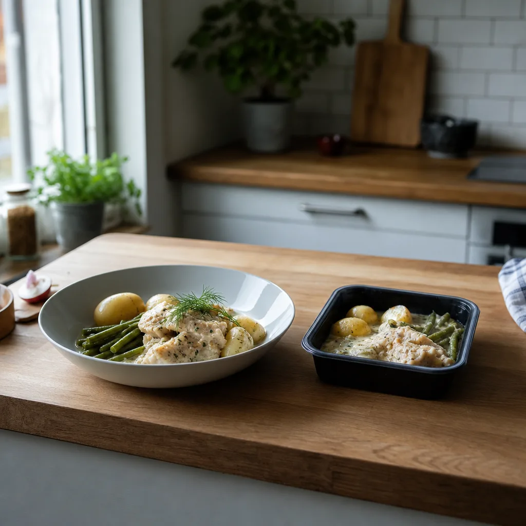 Råvarukasse med recept bredvid en färdiglagad matlåda redo att värmas