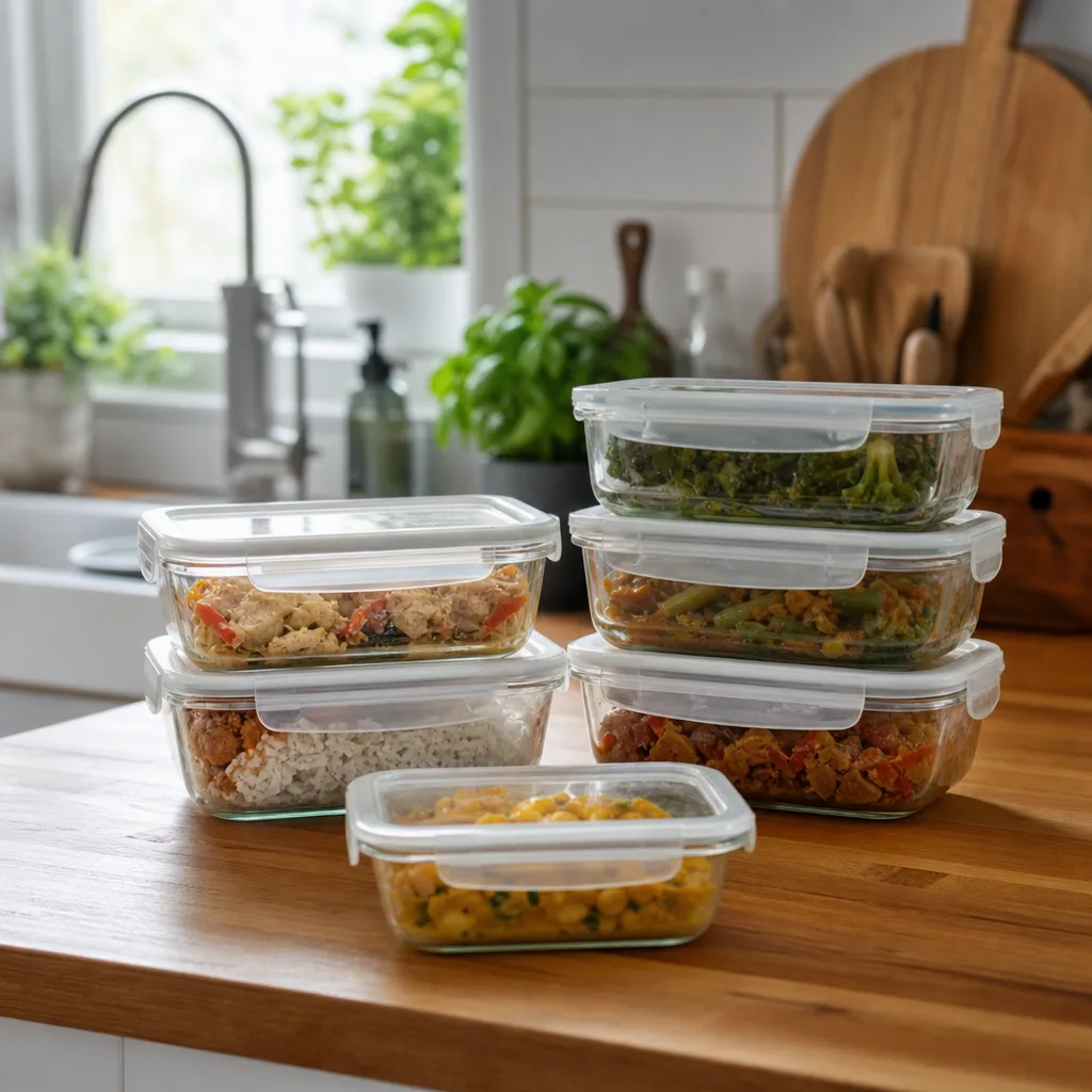 Staplade omärkta portionslådor med färdiglagad mat