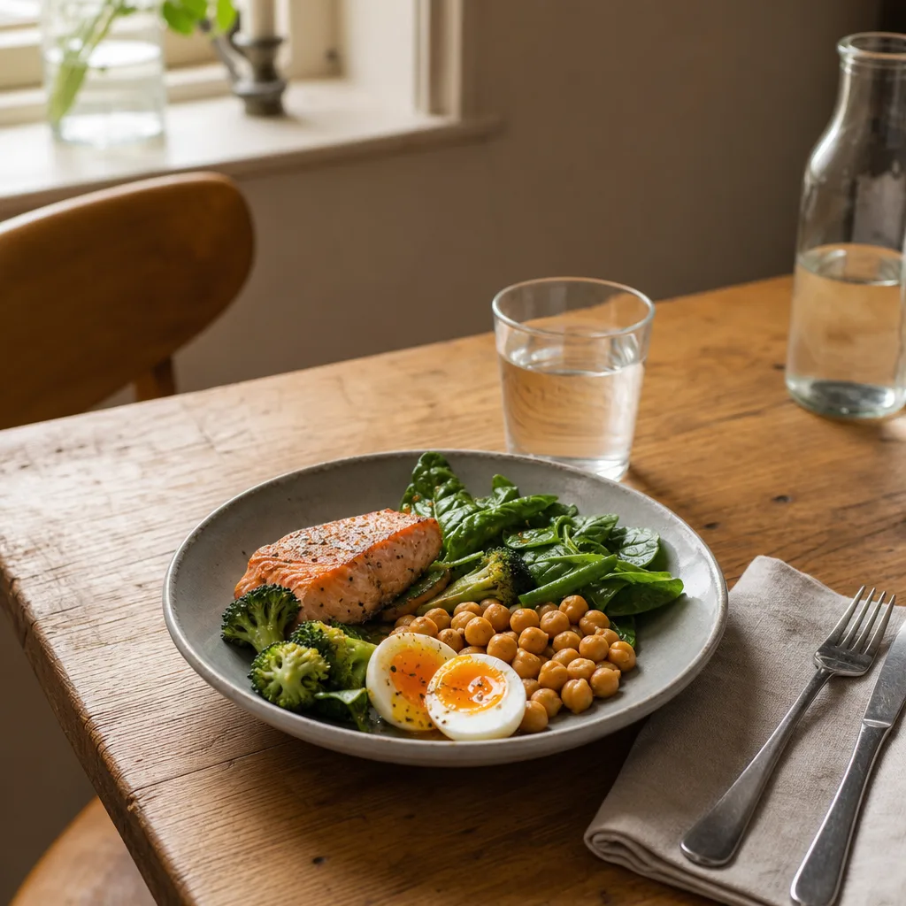 Proteinrik matkasse med kyckling, ägg, baljväxter och fullkorn i portioner