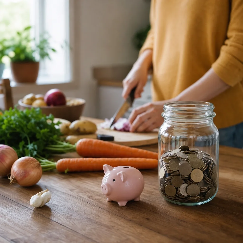 Person räknar på matbudgeten vid ett köksbord med omärkta matvaror