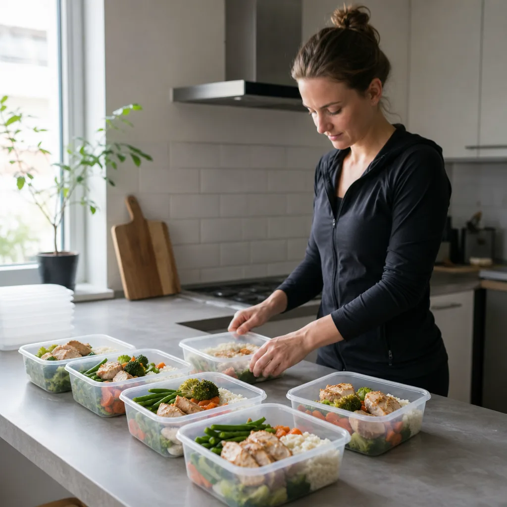 Genomskinliga portionslådor med kyckling, ris och grönsaker