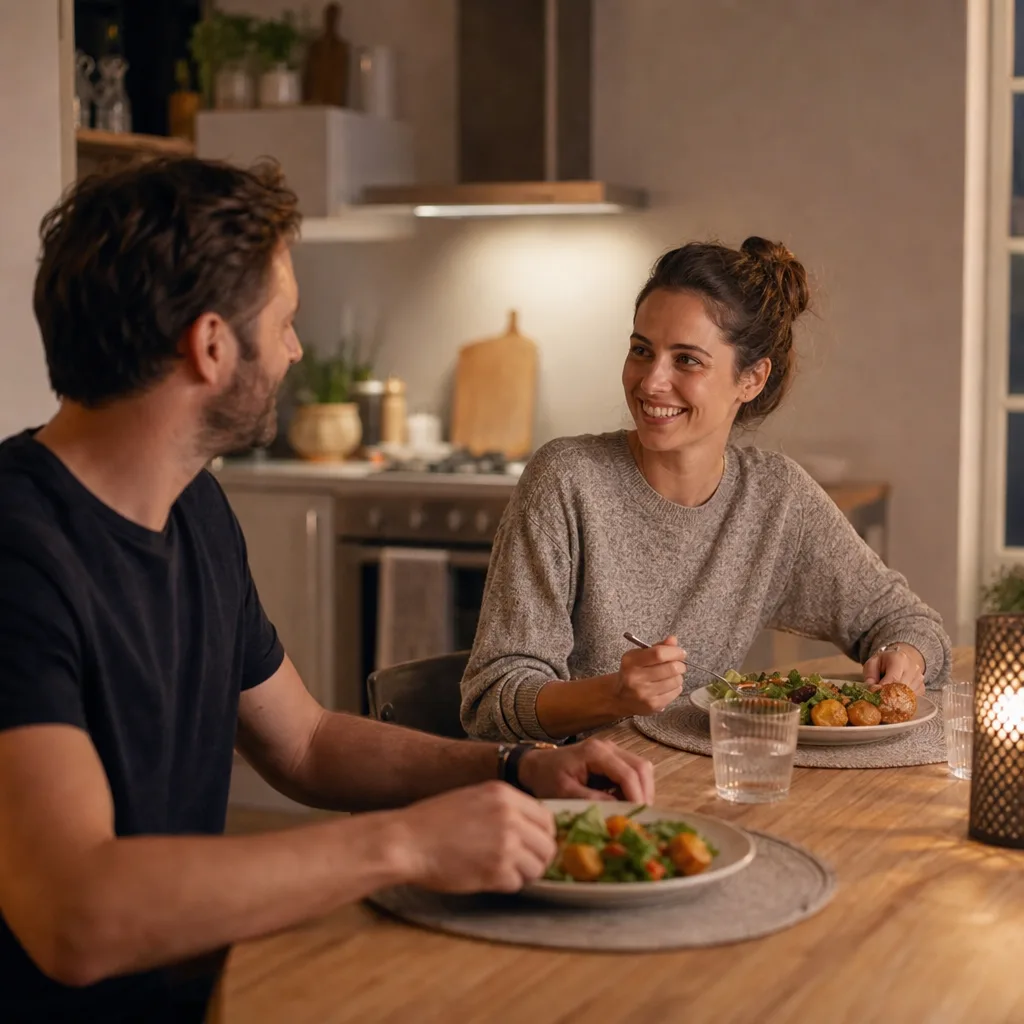 Festligt dukat bord med nylagad mat och glas vid varmt ljus