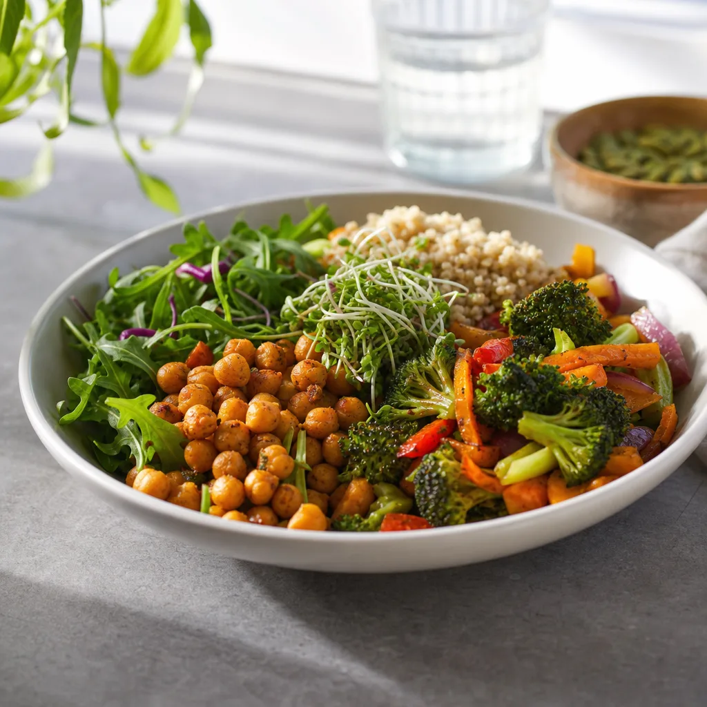 Vegansk matkasse med färska grönsaker, baljväxter, tofu och växtbaserade råvaror