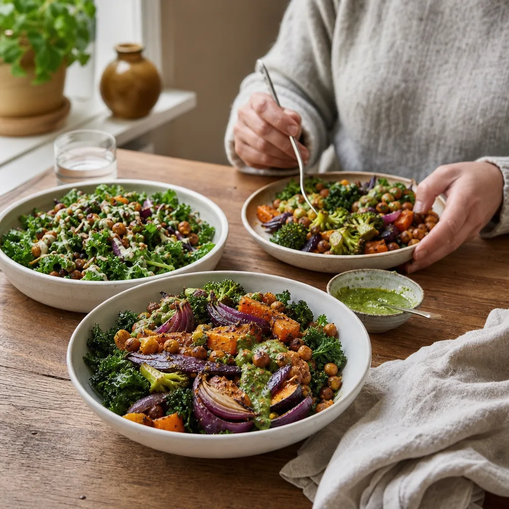 Vegetariska fat med rostade grönsaker, baljväxter och blad